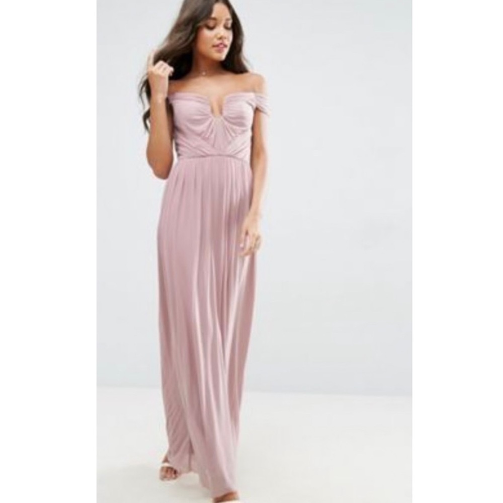ASOS WEDDING Ruched Mesh Bardot Maxi Dress